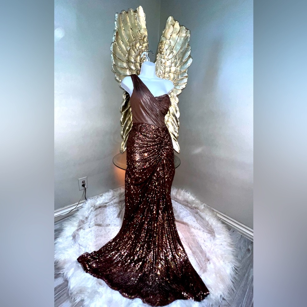 Terani Couture Mermaid Sequin Gown Metallic Bronwn Sleeveless Evening Prom, 6